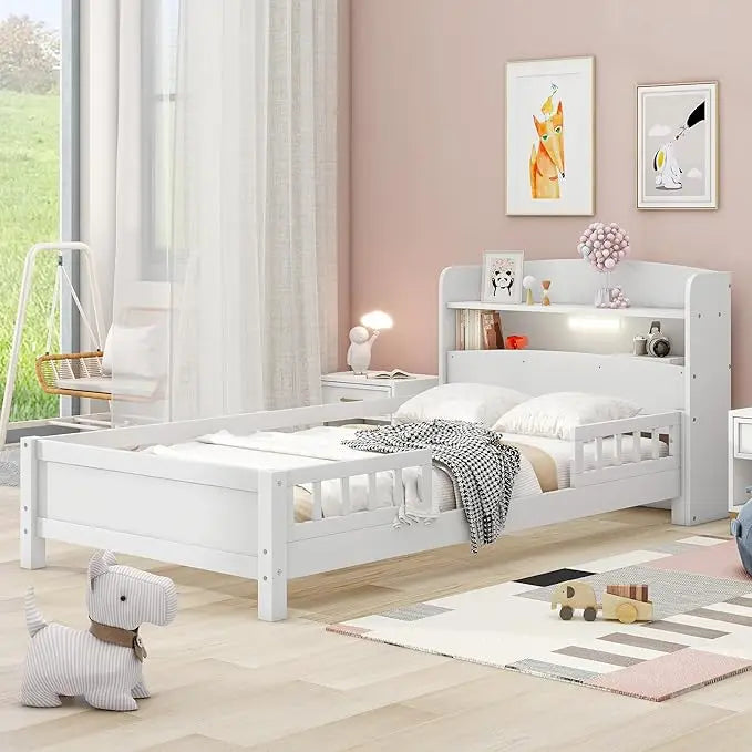 Kids Twin Bed With Guardrails Platform Bed Frame Drawers