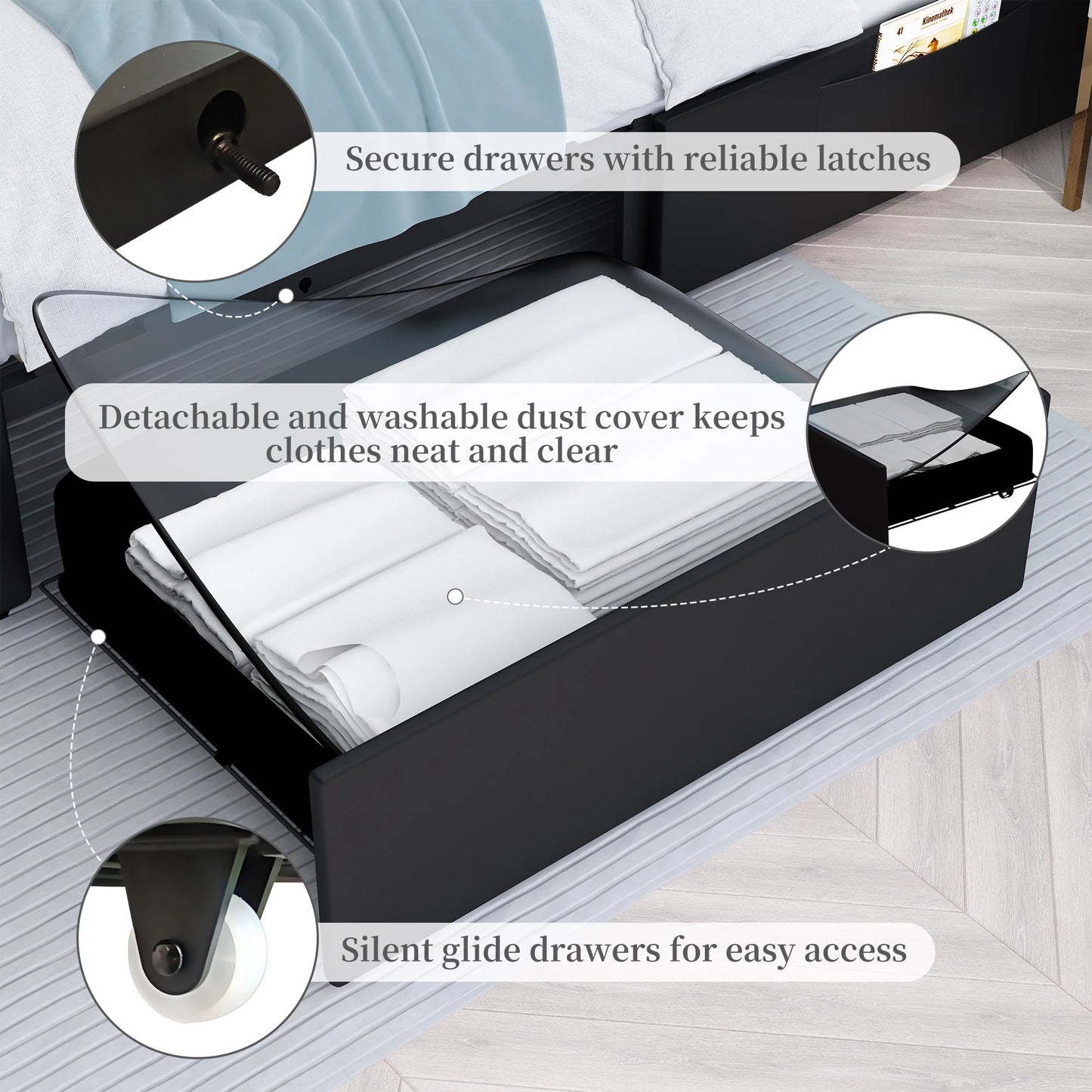 NONECN LED PU Bed Frame With Built In Drawers Storage
