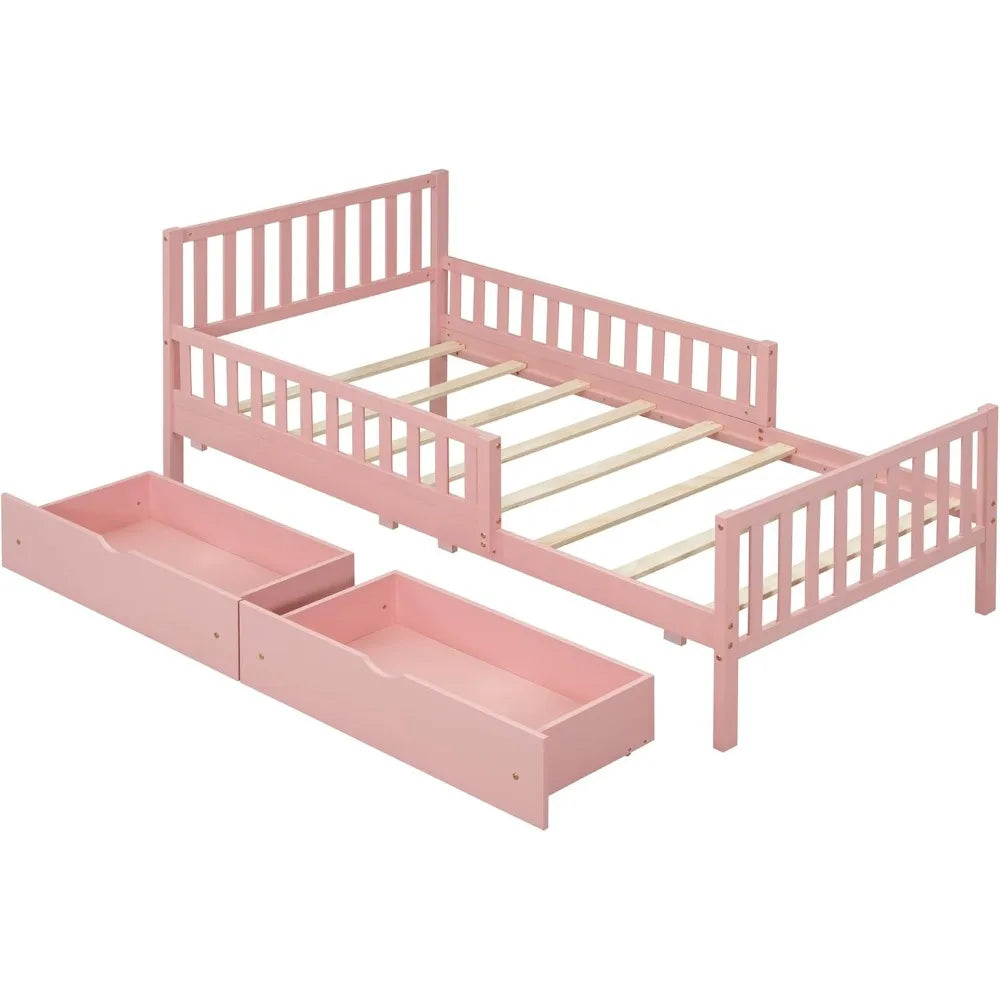 Kids Twin Bed With Guardrails Platform Bed Frame Drawers