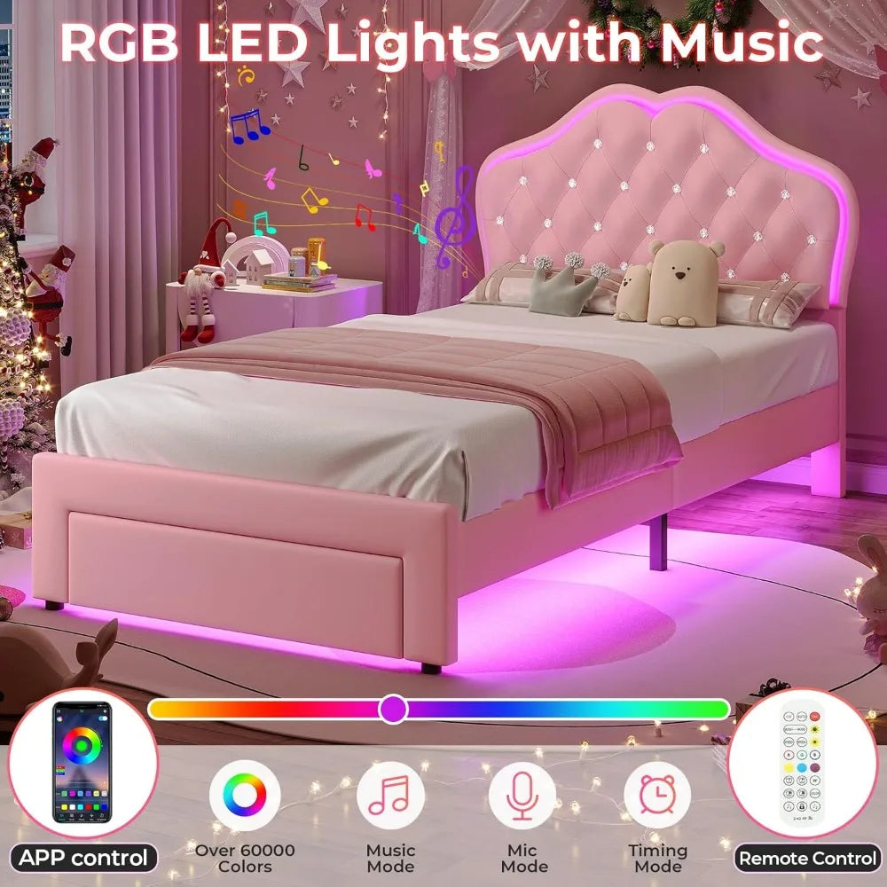 Upholstered Platform Bed With LED Lights Adjustable Headboard Storage Drawer