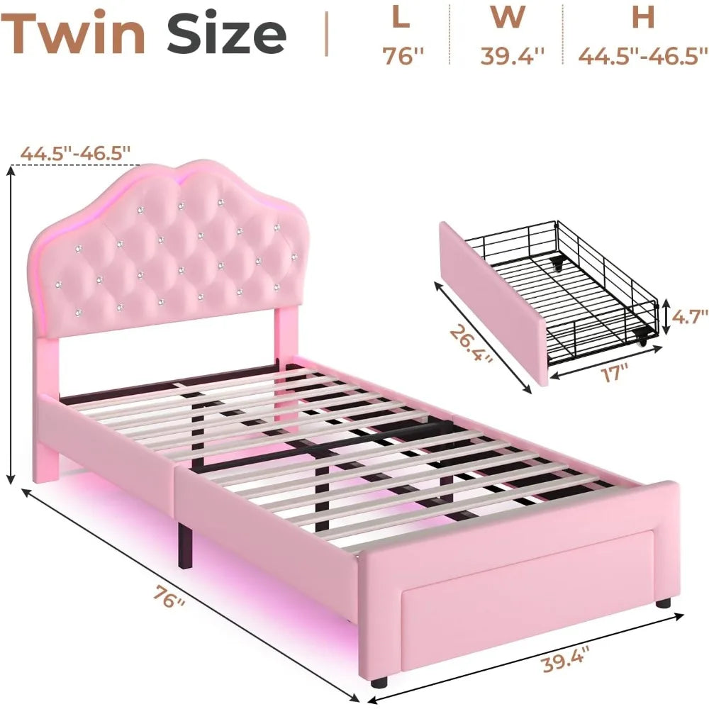 Upholstered Platform Bed With LED Lights Adjustable Headboard Storage Drawer