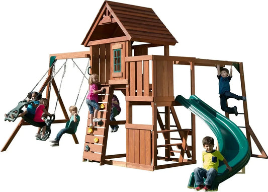Swing Set With Two Swings Slide Monkey Bars Picnic Table