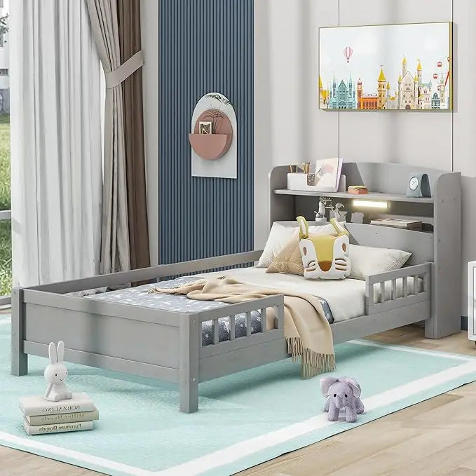 Kids Twin Bed With Guardrails Platform Bed Frame Drawers