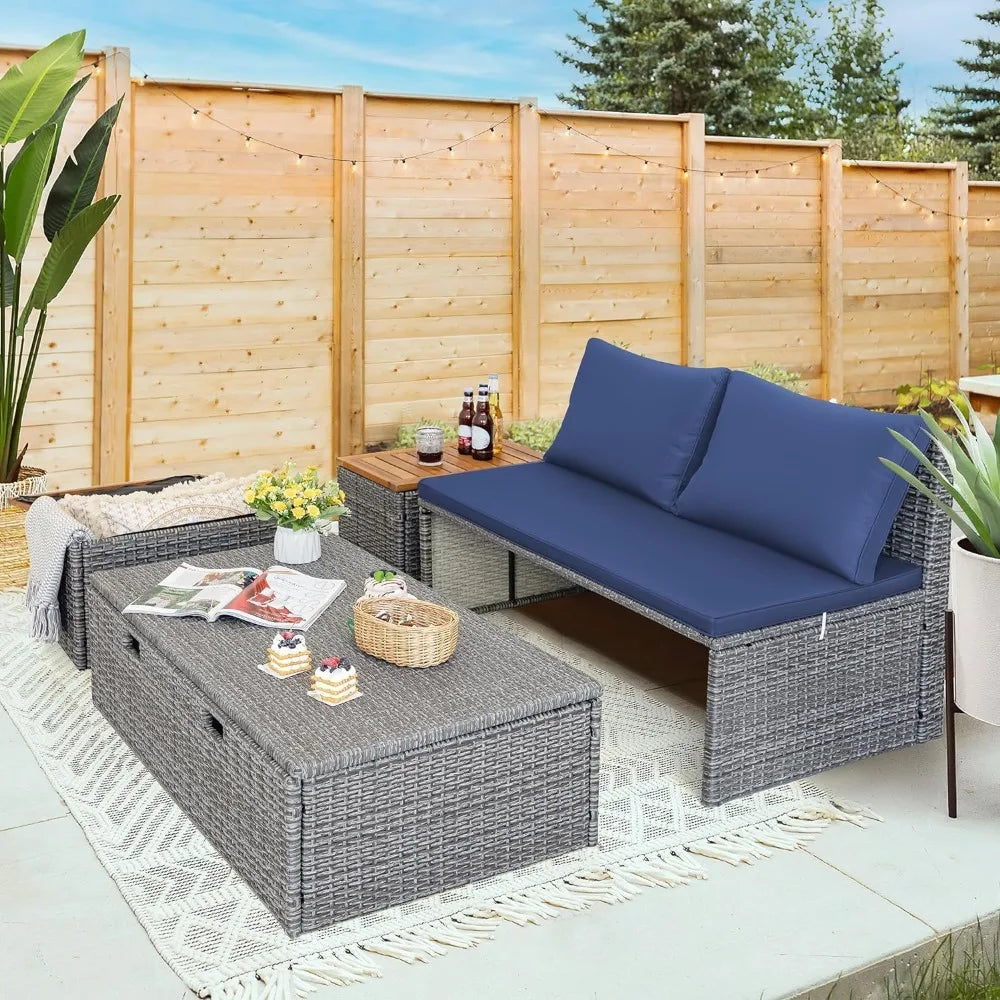Patio Day Bed Set Outdoor Rattan Lounge Bed With Side Tables