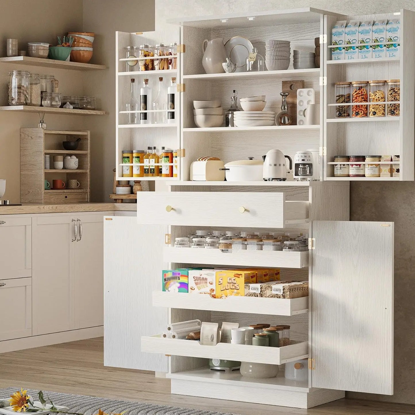 Ironck Farmhouse Kitchen Pantry Cabinet With 2 Pull Doors