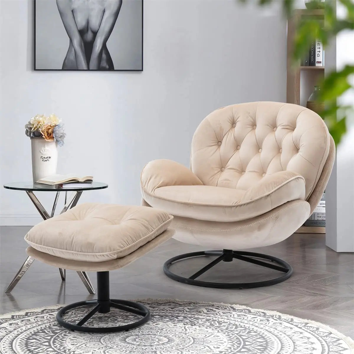 GUOHE Modern Velvet Swivel Accent Chair With Tufted Back Ottoman