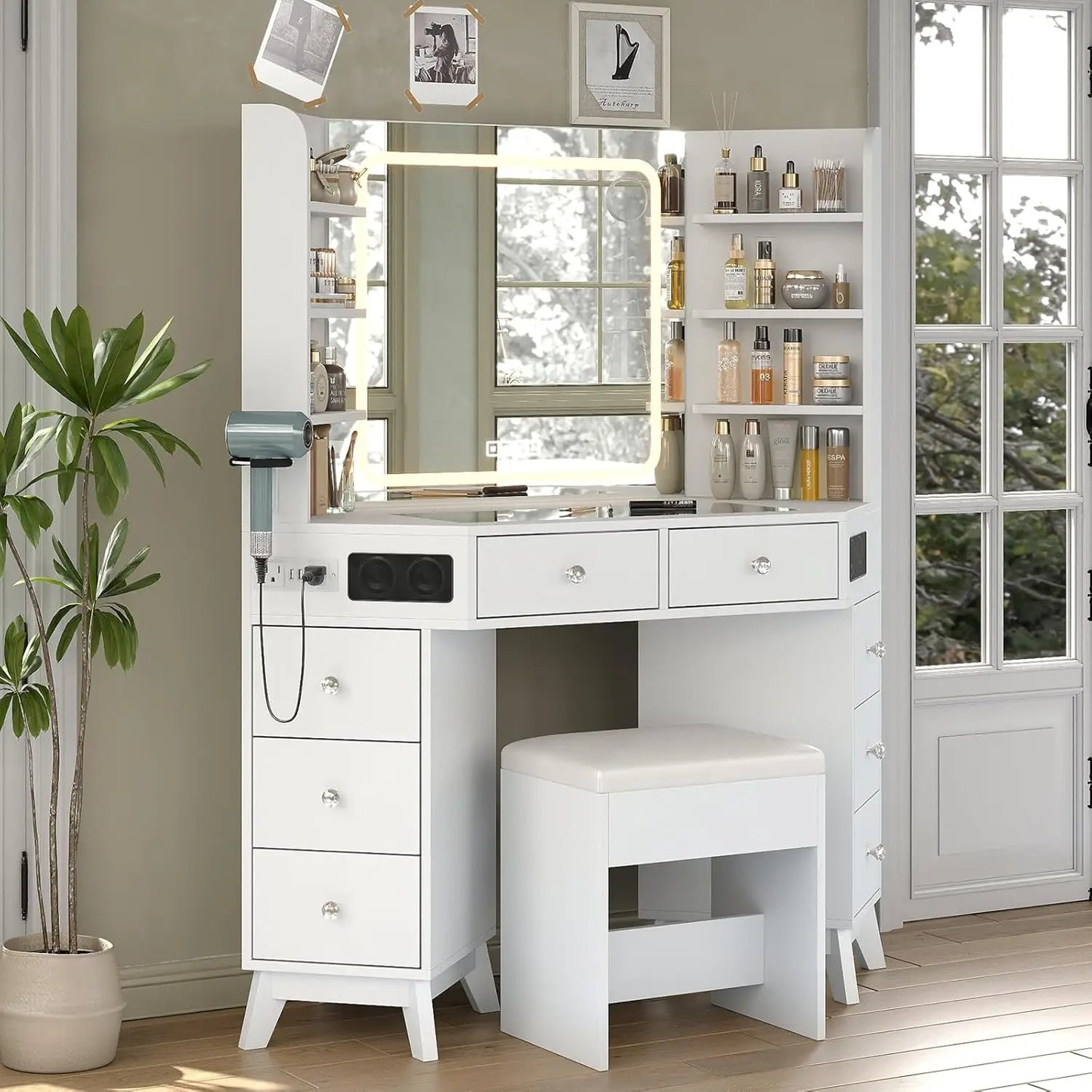 Corner Vanity Desk With Bluetooth Speaker And Glass Top