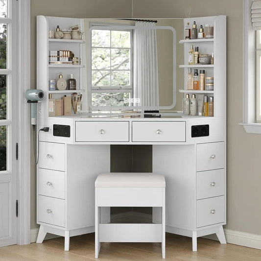 Corner Vanity Desk With Bluetooth Speaker And Glass Top