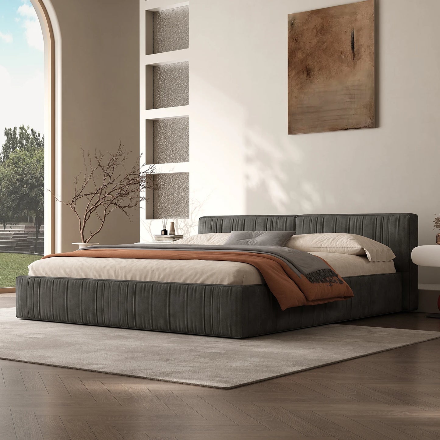 QWCCN Chenille Platform Bed With Thick Headboard And Footboard