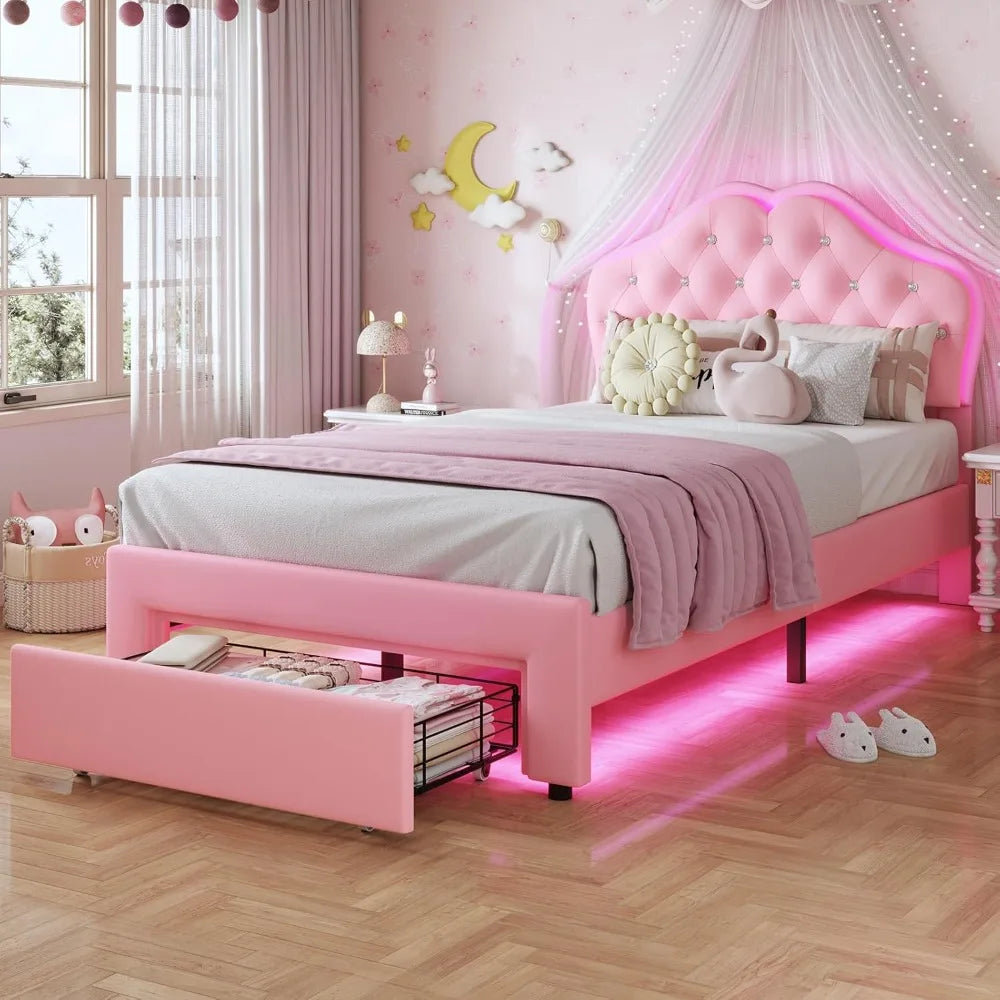 Upholstered Platform Bed With LED Lights Adjustable Headboard Storage Drawer