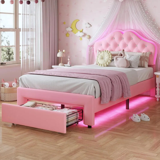 Upholstered Platform Bed With LED Lights Adjustable Headboard Storage Drawer