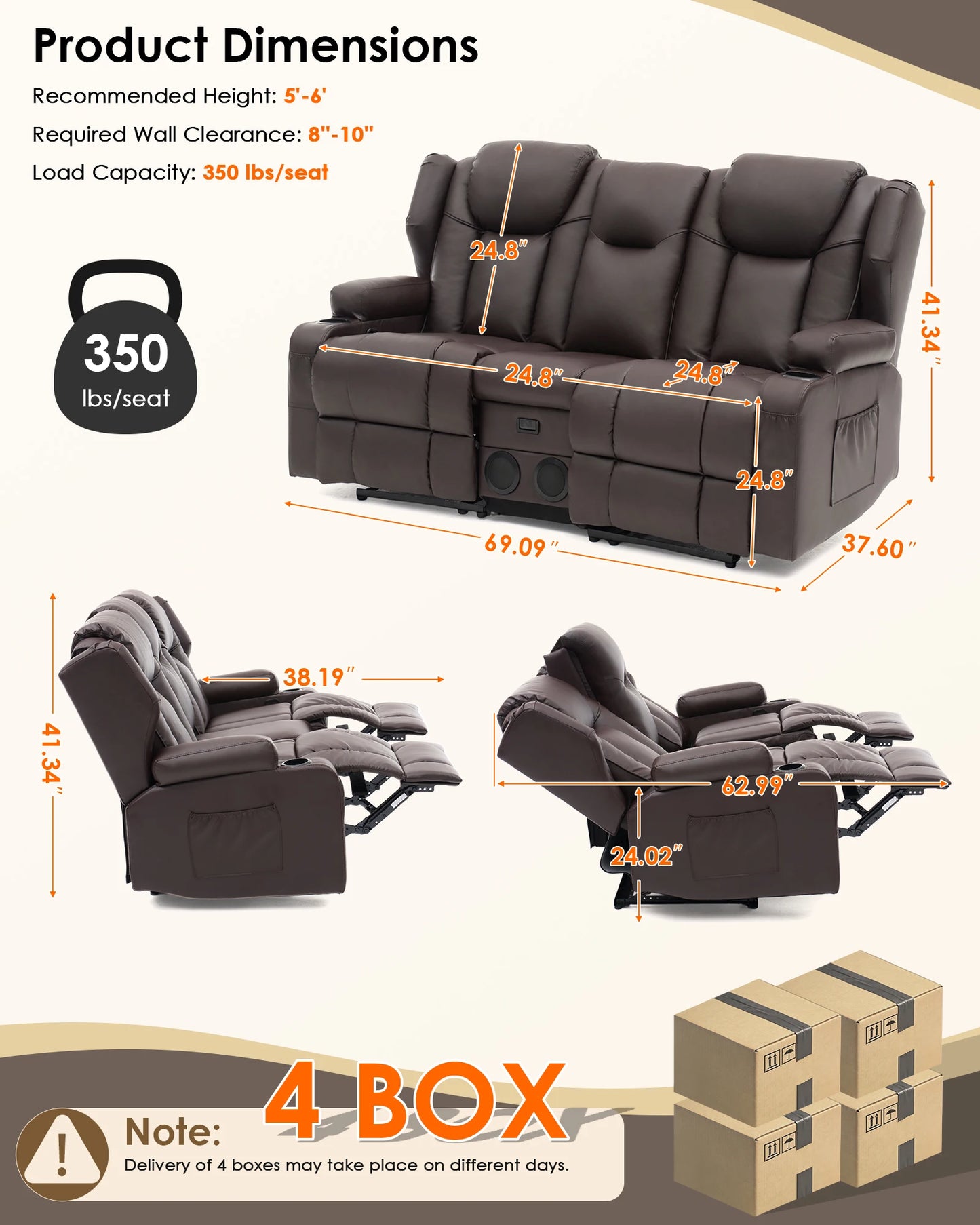 Redlife Heated Massage Loveseat Recliner Sofa With Console