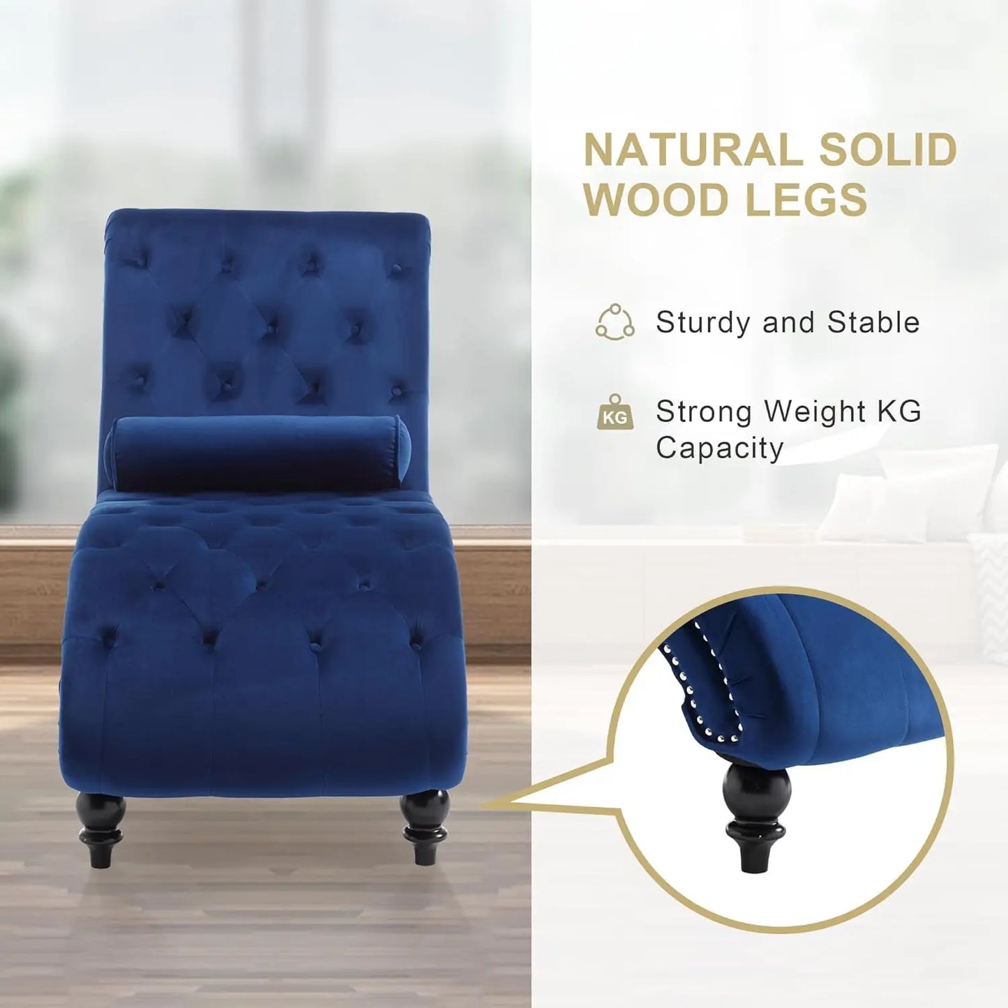 Velvet Chaise Lounge Chair With Pillow, Button-Tufted, Modern Indoor
