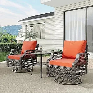 Outdoor Wicker Swivel Chair Set With Cushions And Glass Table