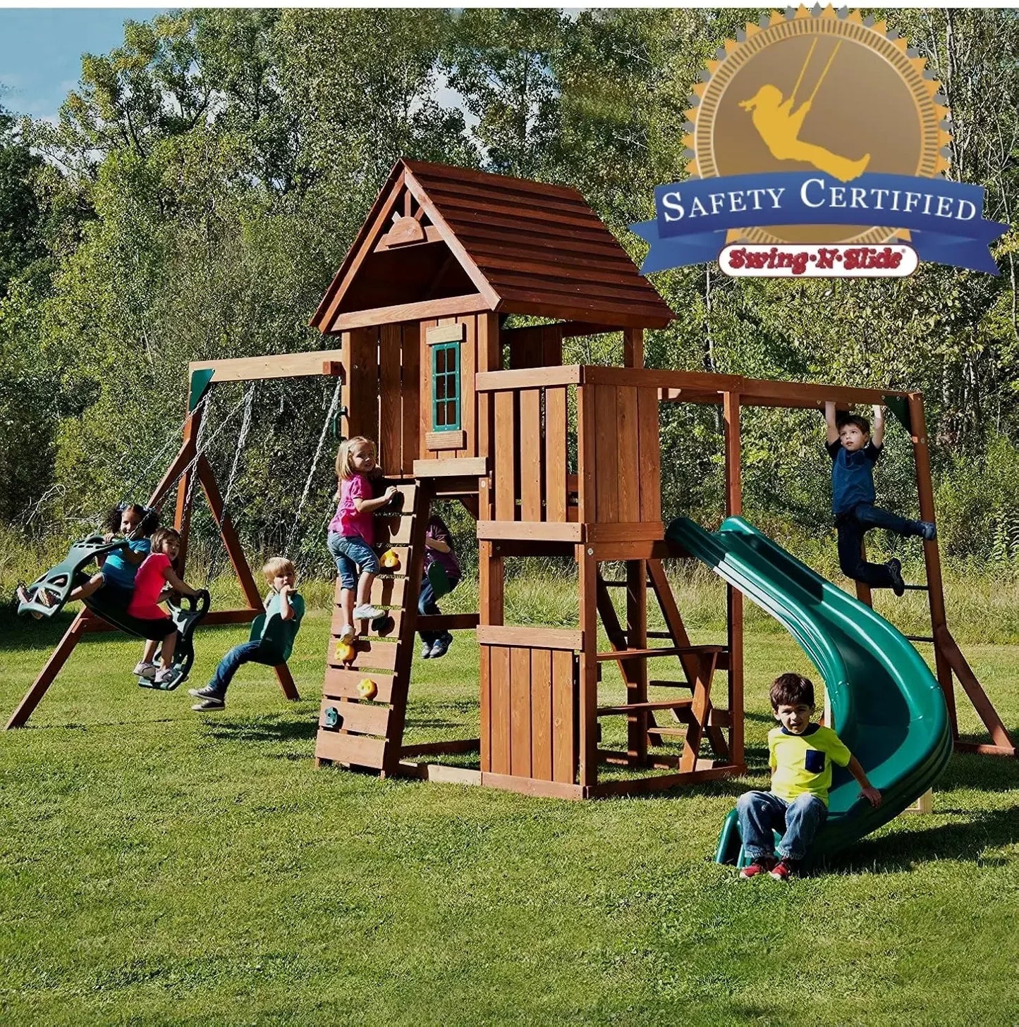 Swing Set With Two Swings Slide Monkey Bars Picnic Table
