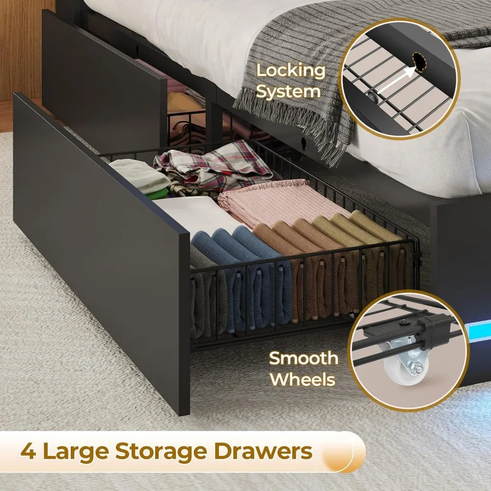 Bed Frame With Bookcase Headboard Charging Station And LED Lights