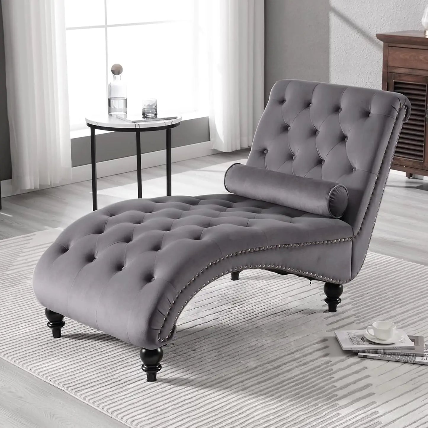 Velvet Chaise Lounge Chair With Pillow, Button-Tufted, Modern Indoor