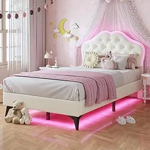 Upholstered Platform Bed With LED Lights Adjustable Headboard Storage Drawer