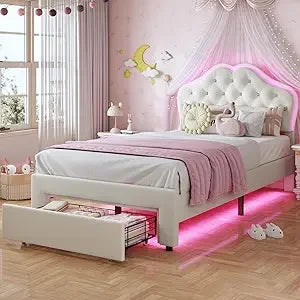 Upholstered Platform Bed With LED Lights Adjustable Headboard Storage Drawer