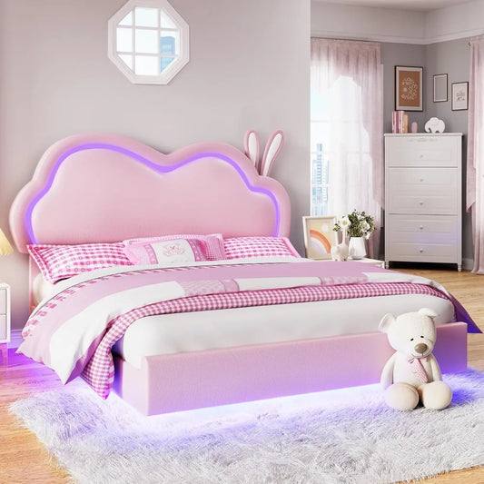 Twin LED Bed Frame For Girls With Cloud Headboard Design