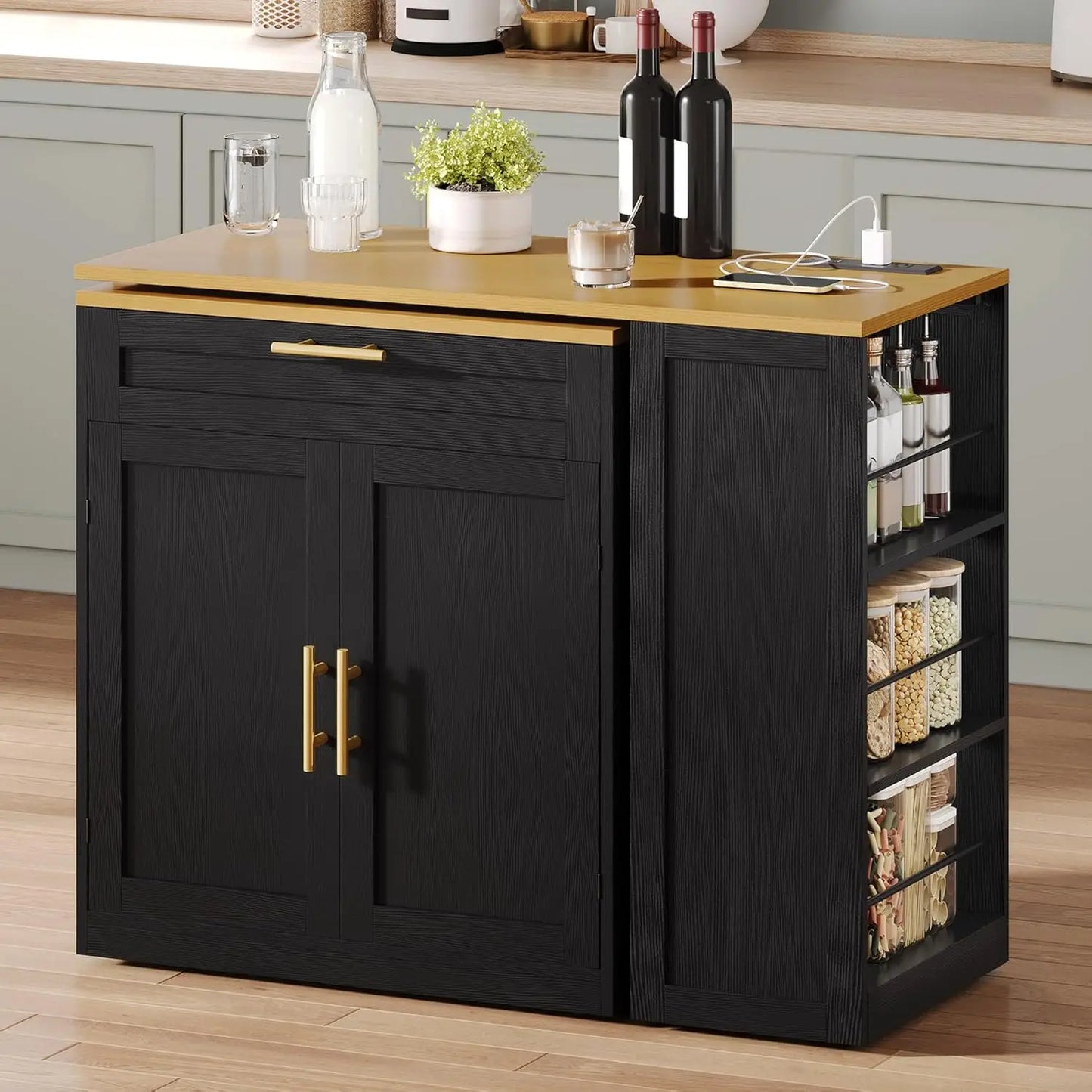 Expandable Kitchen Island With Seating Power Outlet Storage And Wheels