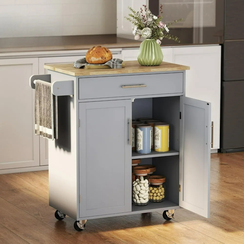 Kitchen Island Cart With Solid Wood Top Drawer Cabinet