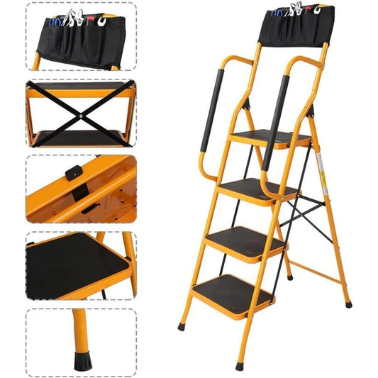4 Step Folding Ladder With Handrails And Tool Bag