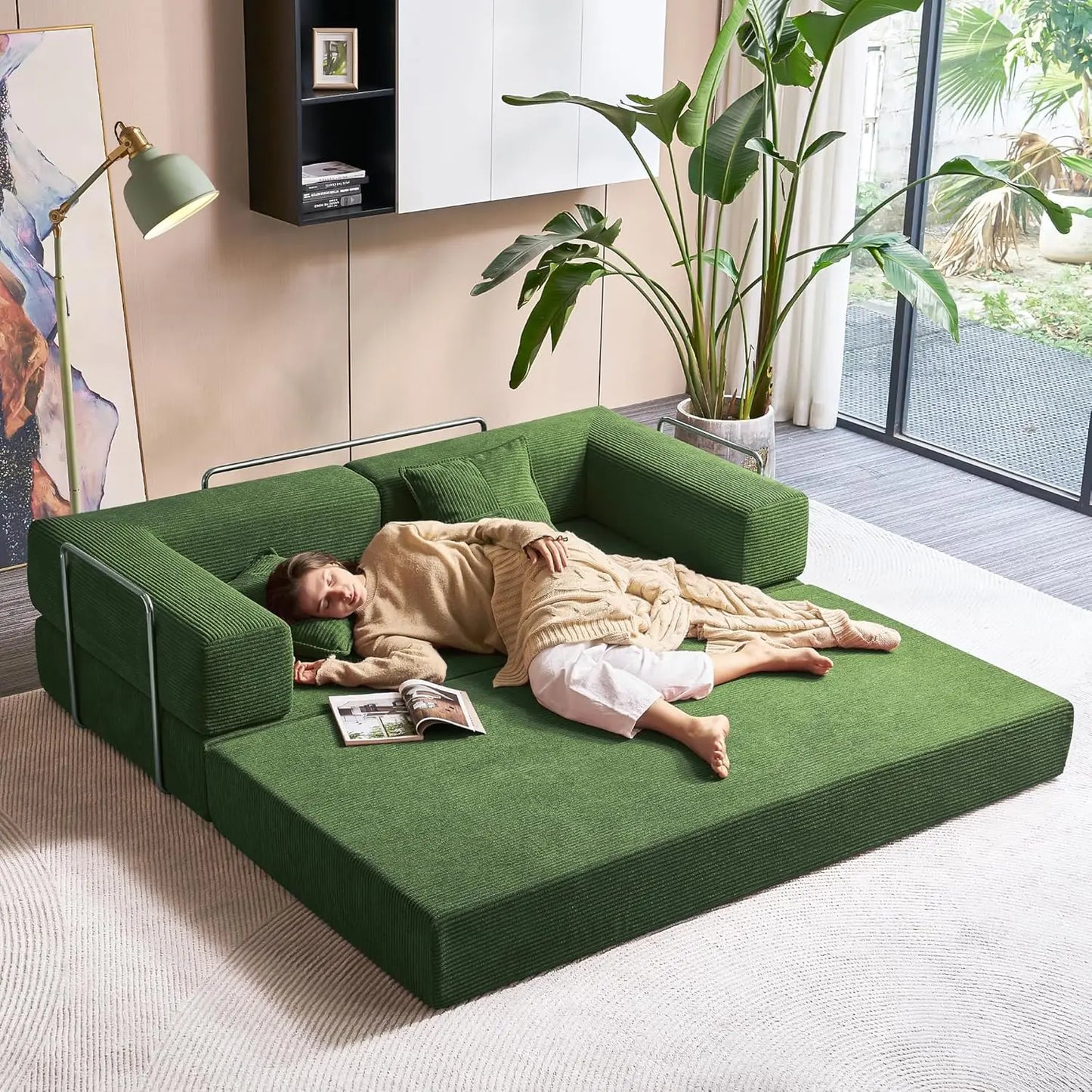 Convertible Floor Sofa Bed With Pillow Back Support Armrest