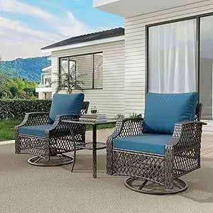 Outdoor Wicker Swivel Chair Set With Cushions And Glass Table