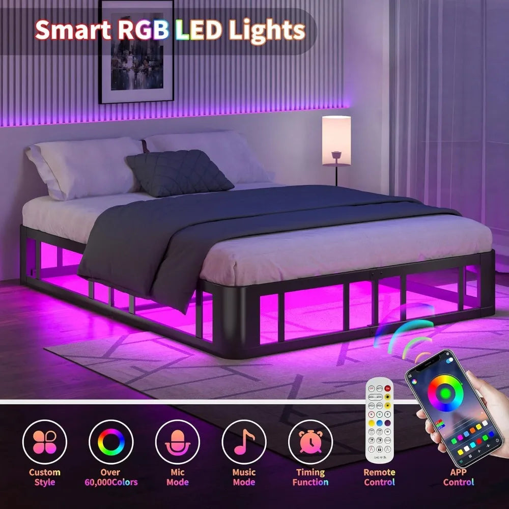 Platform Bed Frame With LED Lights And Sturdy Steel Base