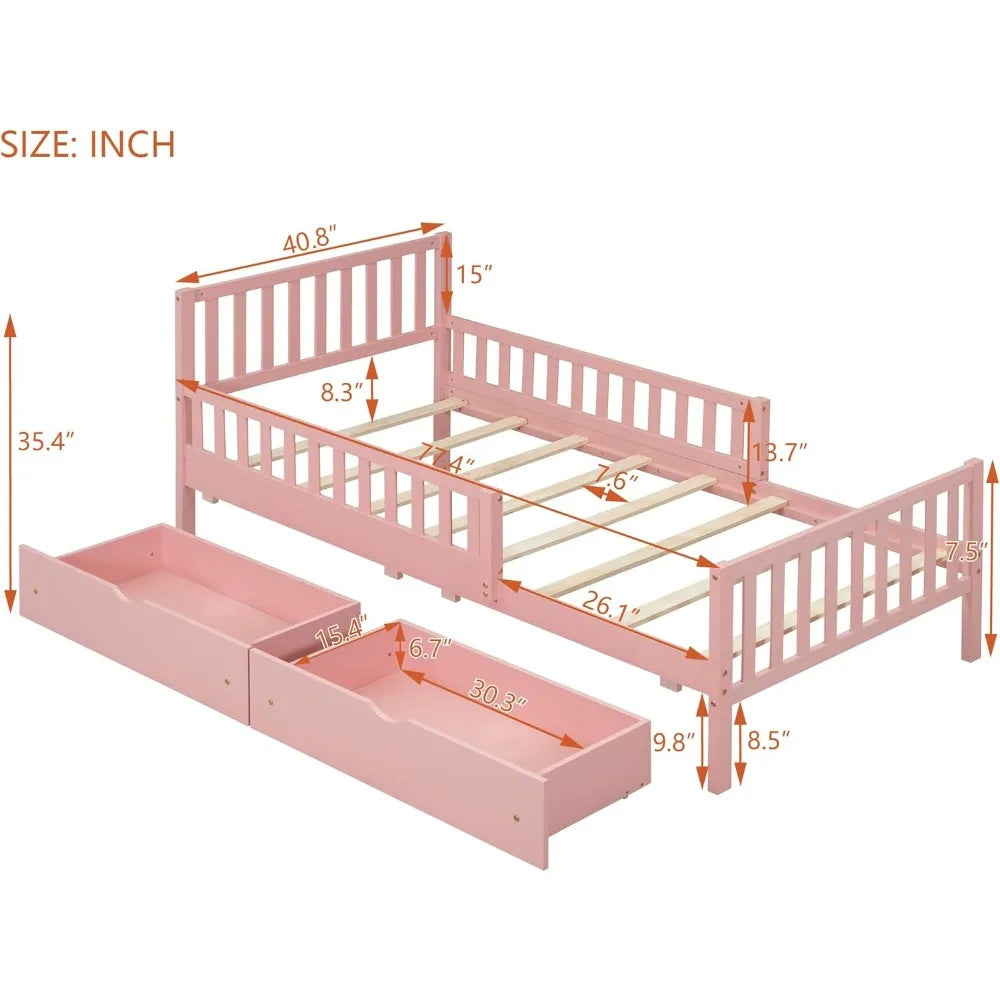 Kids Twin Bed With Guardrails Platform Bed Frame Drawers
