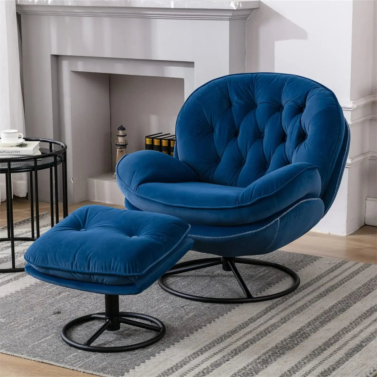 GUOHE Modern Velvet Swivel Accent Chair With Tufted Back Ottoman