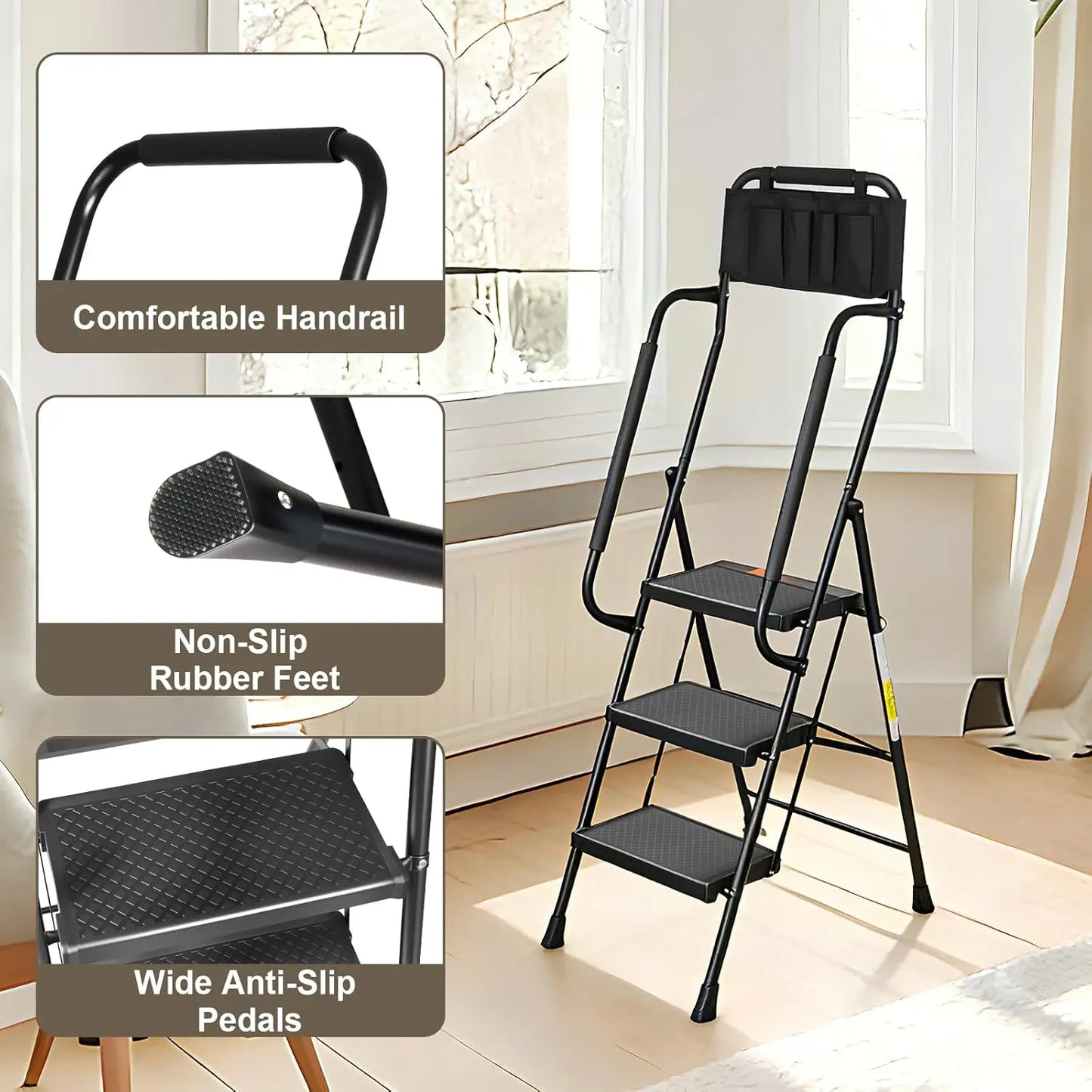 3 Step Ladder With Handrails 500 Lbs Capacity Folding Stool