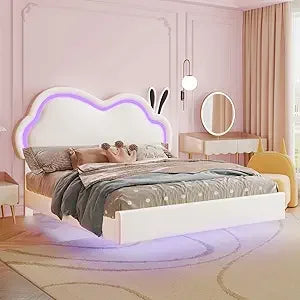 Twin LED Bed Frame For Girls With Cloud Headboard Design
