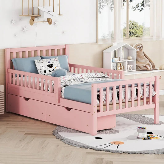Kids Twin Bed With Guardrails Platform Bed Frame Drawers