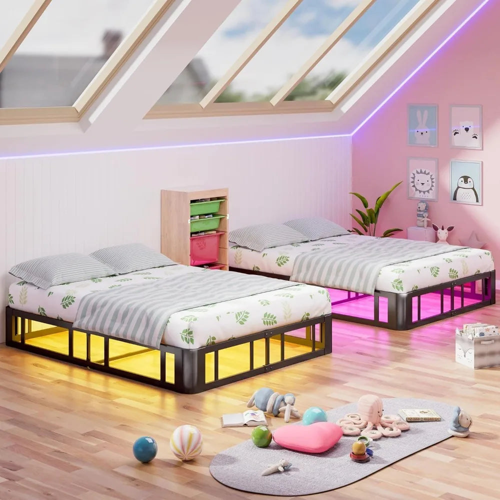 Platform Bed Frame With LED Lights And Sturdy Steel Base