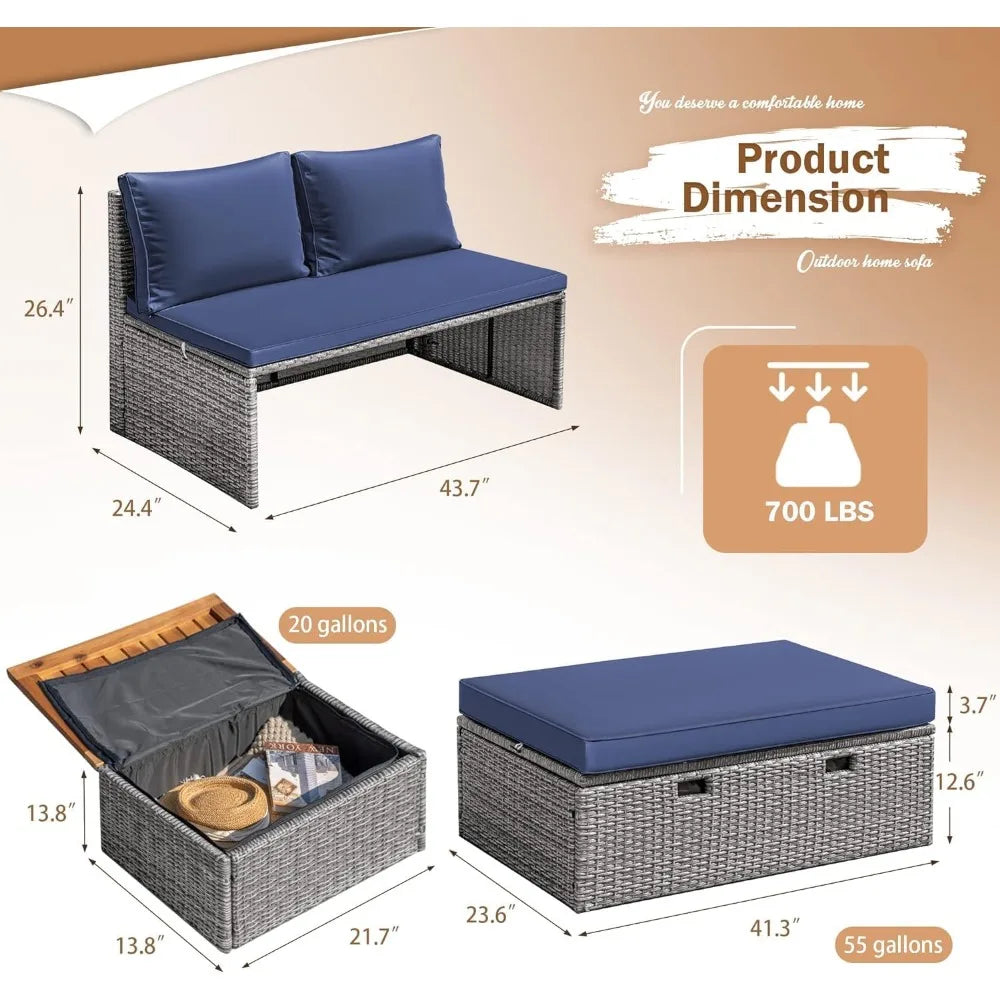 Patio Day Bed Set Outdoor Rattan Lounge Bed With Side Tables