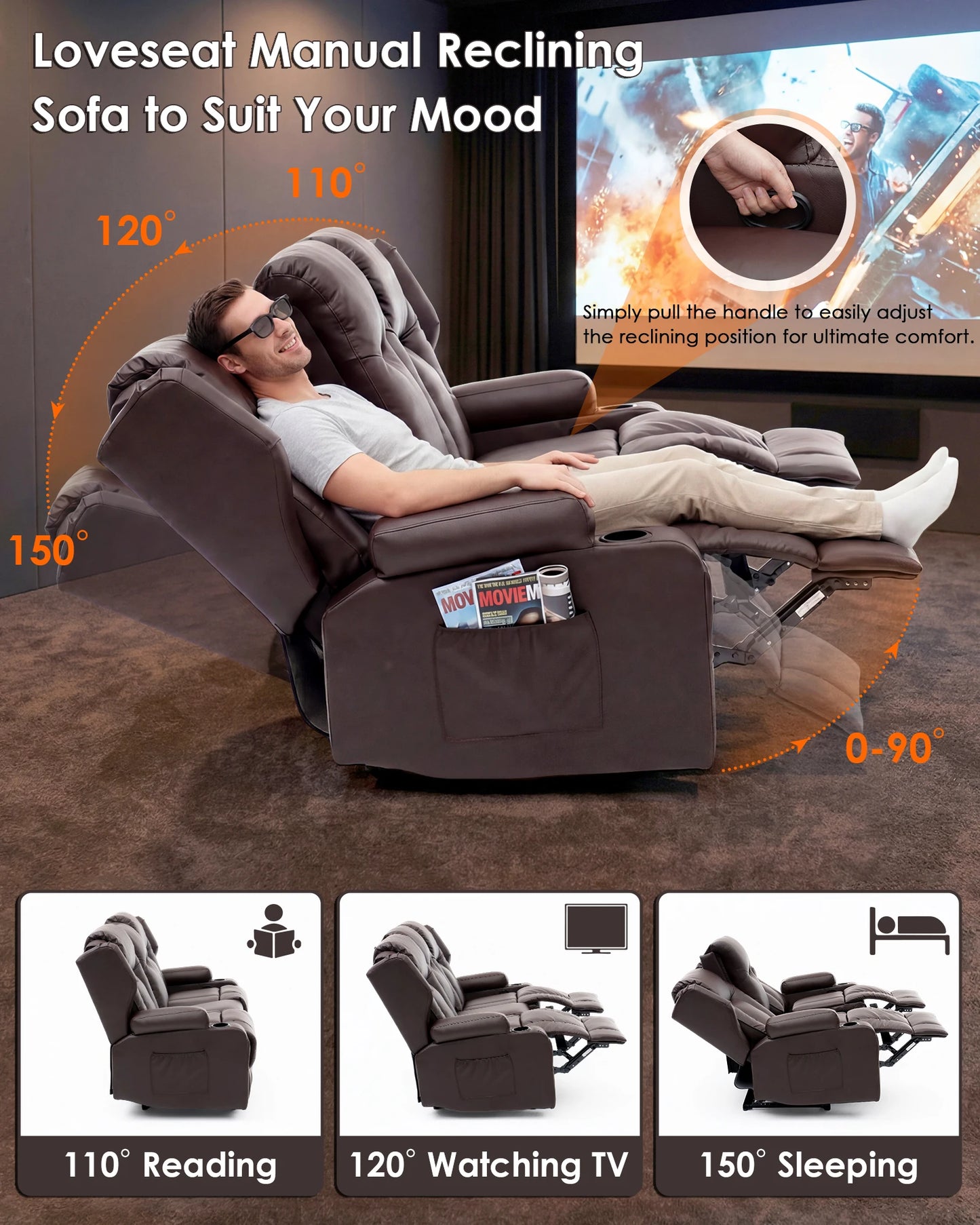 Redlife Heated Massage Loveseat Recliner Sofa With Console