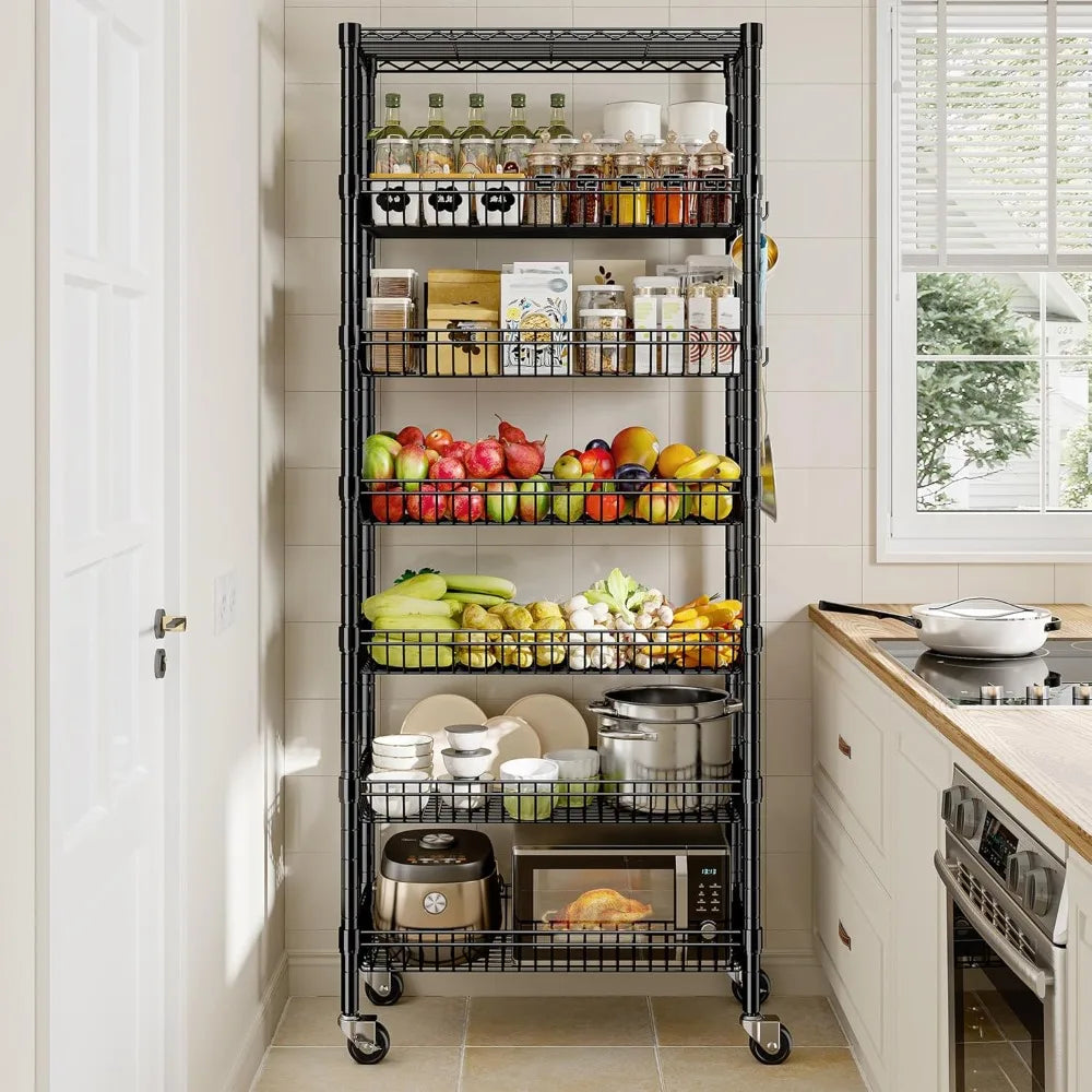 7 Tier Wheeled Wire Shelving Unit For Kitchen And Pantry