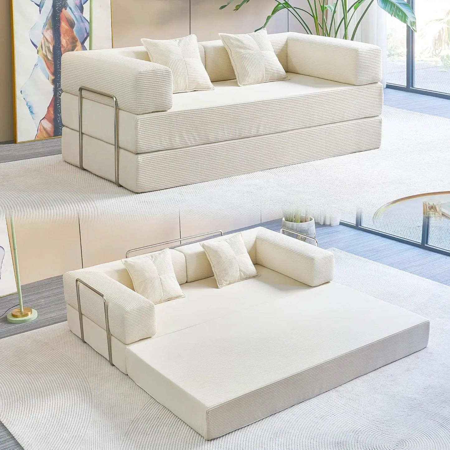 Convertible Floor Sofa Bed With Pillow Back Support Armrest