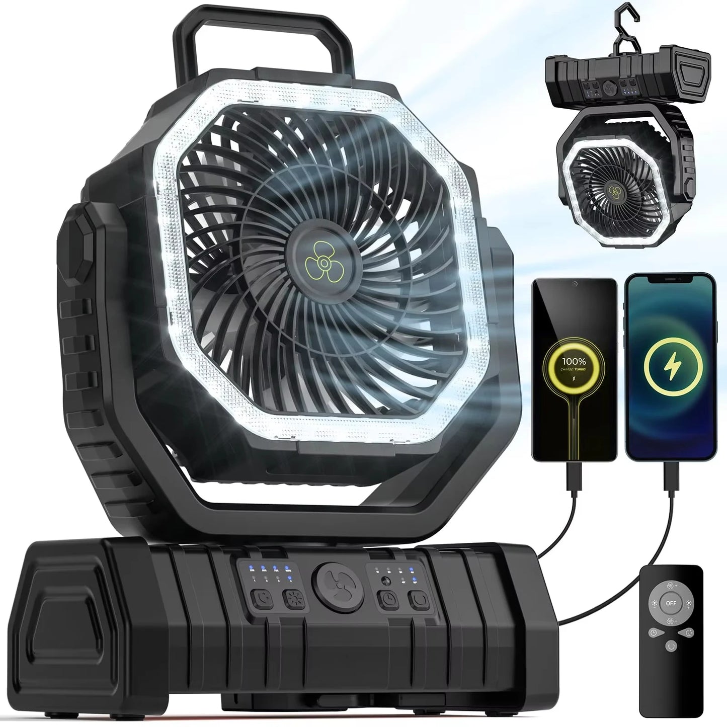 Rechargeable Camping Fan 20000mAh With LED Light And Portable Hook