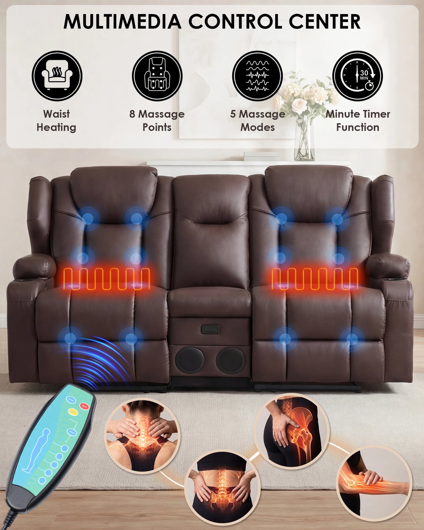 Redlife Heated Massage Loveseat Recliner Sofa With Console