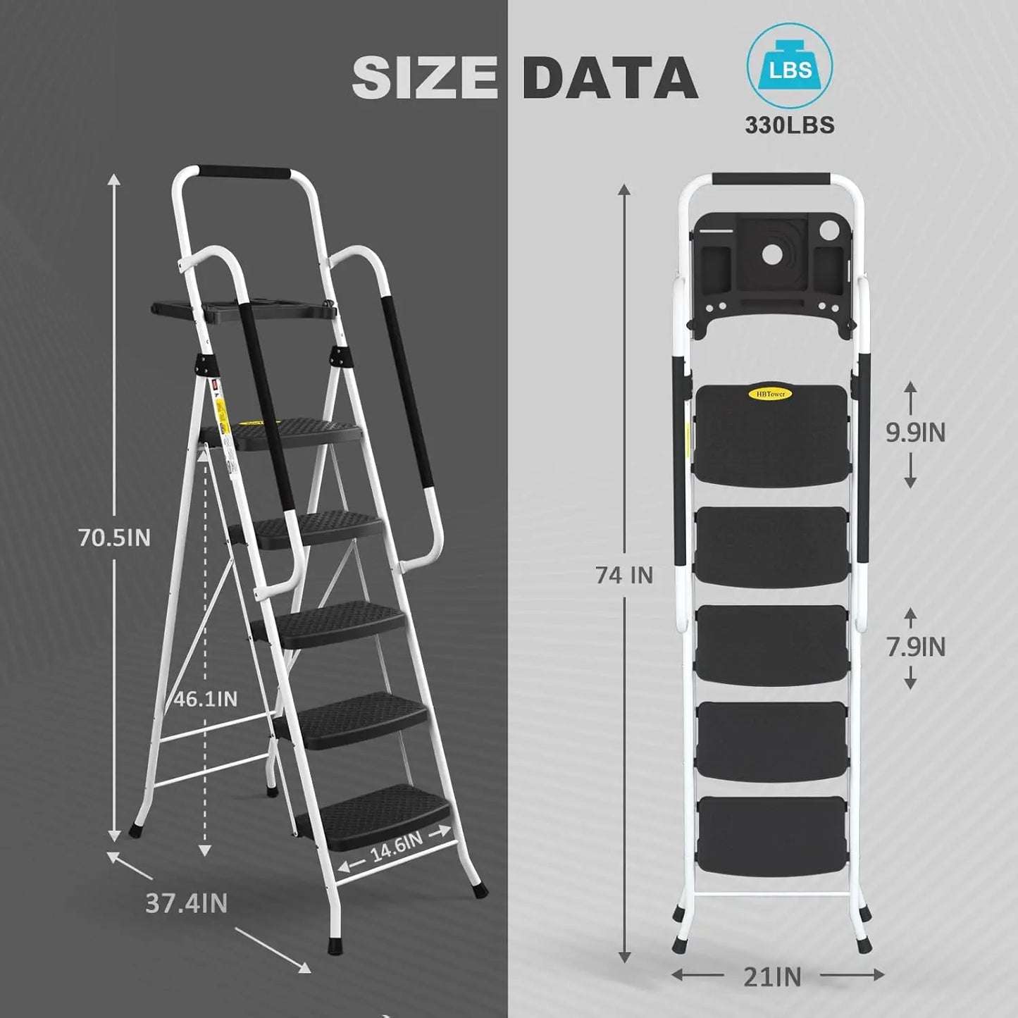 Five Step Folding Handrail Ladder Portable Steel For Home Office