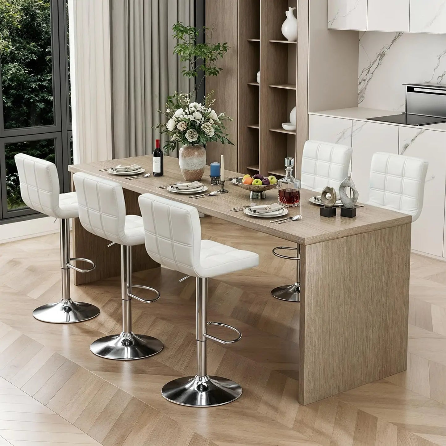 Adjustable Swivel Barstools Set, Modern PU Leather Square Back