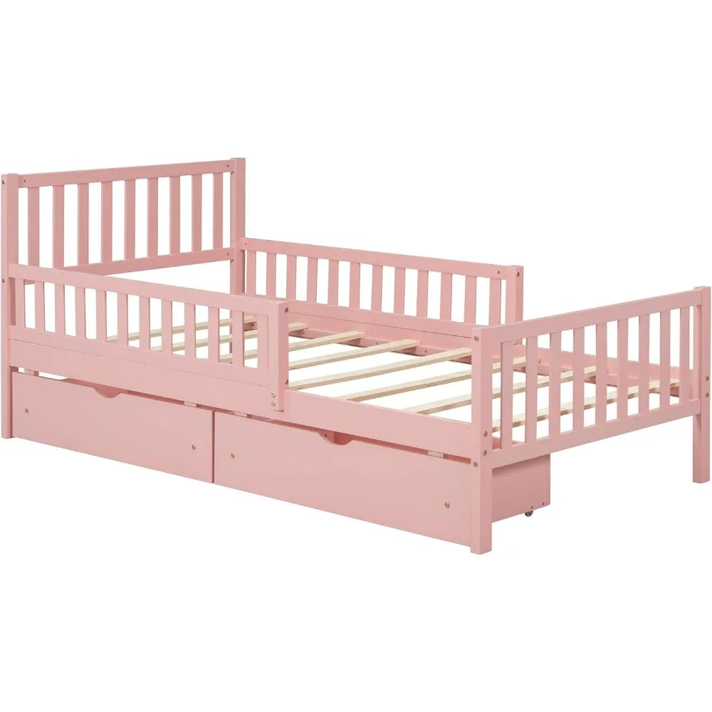 Kids Twin Bed With Guardrails Platform Bed Frame Drawers